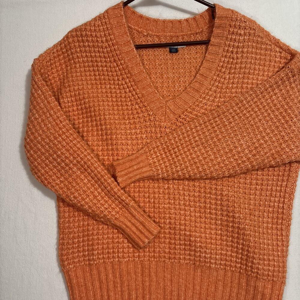 American Eagle Waffle Knit V-Neck Sweater Orange Oversized Pullover XS